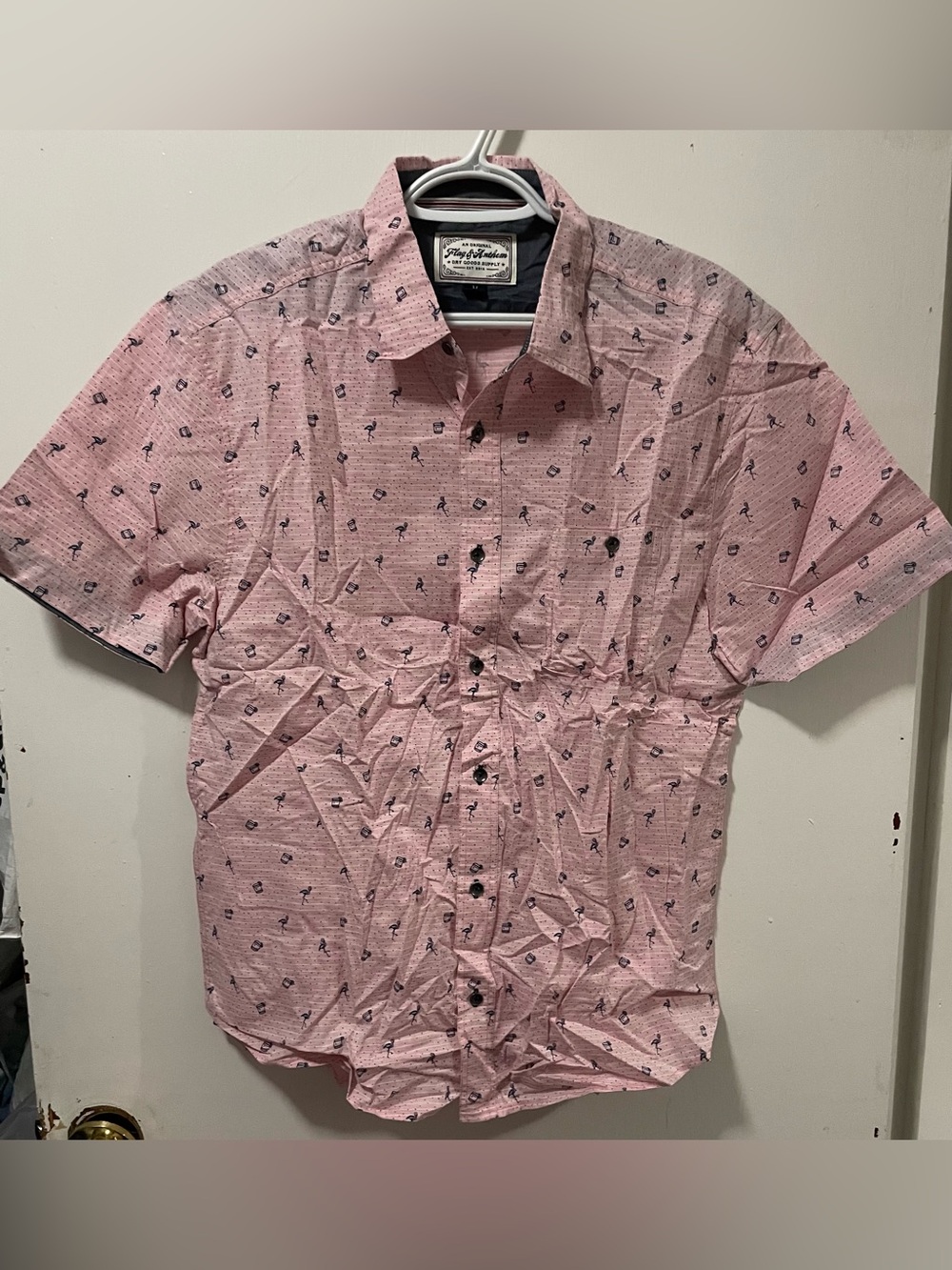 Flag & Anthem Mens Pink Flamingo Patterned Button Up Short Sleeve Shirt Medium M